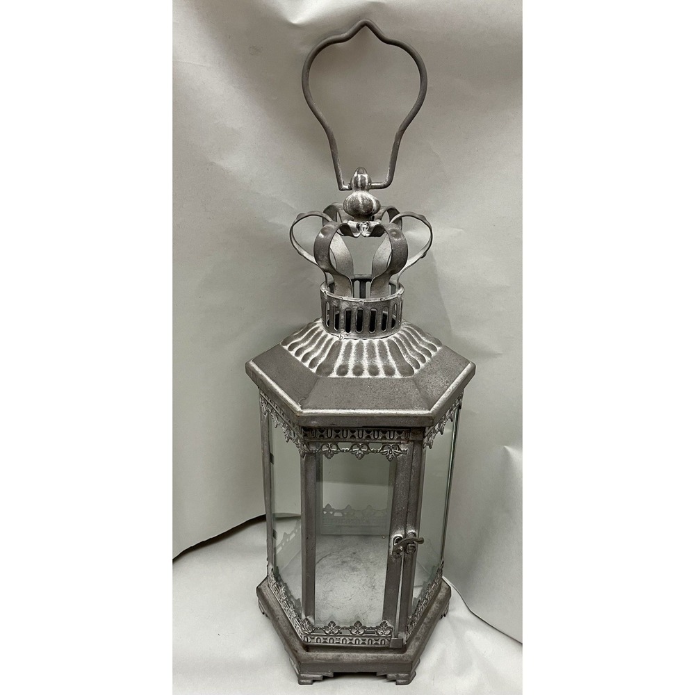 Vintage Metal Glass Candle Lantern Ornate Gothic Filigree Antique Silver Finish